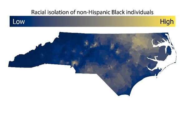 North Carolina mapping values of non-hispanic Black racial isolation at the Census Tract level