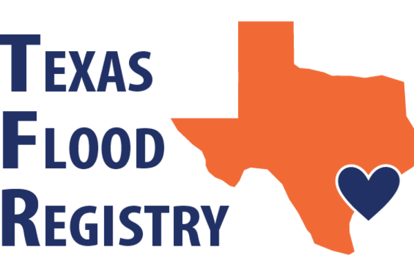 Texas Flood Registry logo showing shape of the state of Texas with a heart over the Gulf