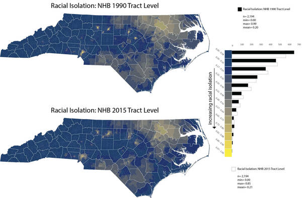 Maps Compare Racial Isolation Ri Of Non Hispanic Blacks Nhb In North Carolina In 1990 Versus 2015