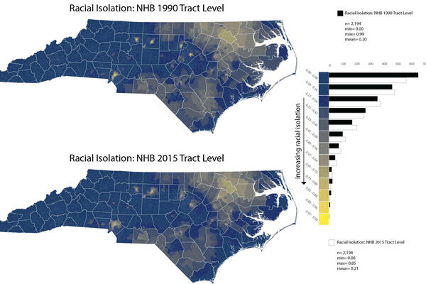 Maps Compare Racial Isolation Ri Of Non Hispanic Blacks Nhb In North Carolina In 1990 Versus 2015